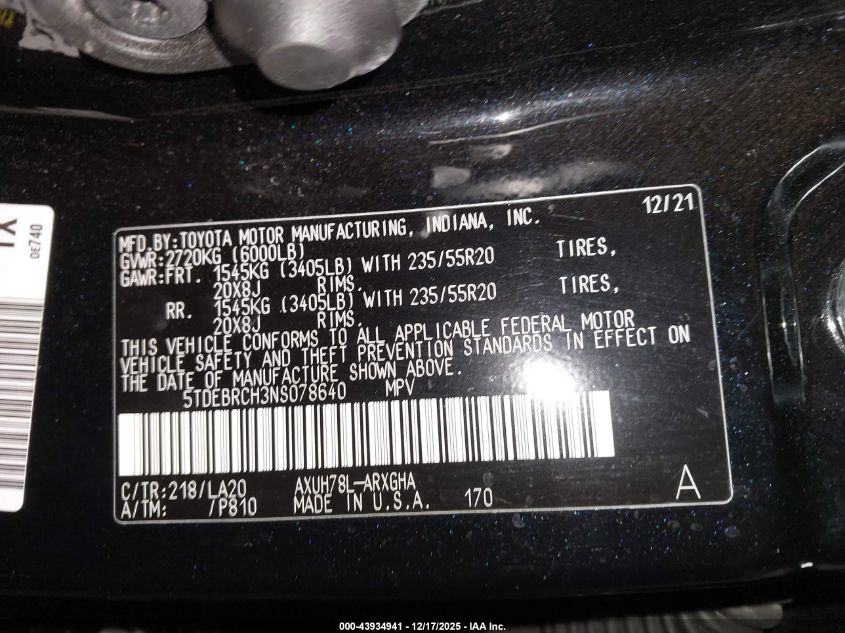 2022 Toyota Highlander Hybrid Platinum VIN: 5TDEBRCH3NS078640 Lot: 43934941