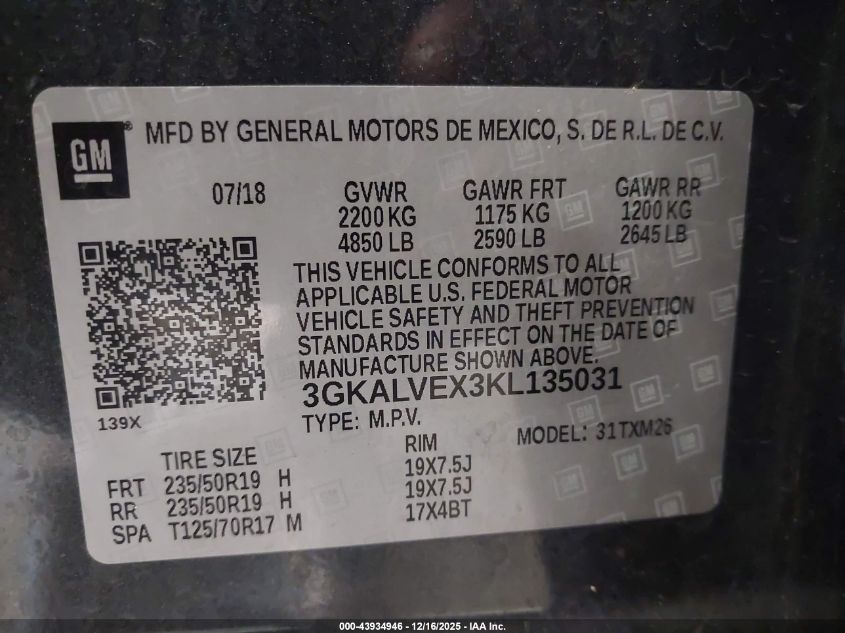 2019 GMC Terrain Slt VIN: 3GKALVEX3KL135031 Lot: 43934946