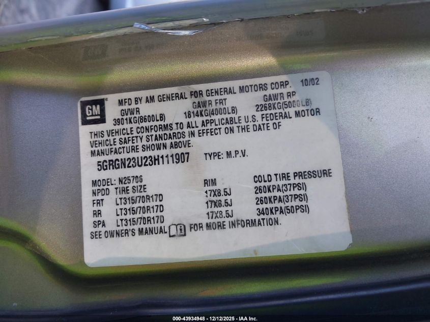 2003 Hummer H2 VIN: 5GRGN23U23H111907 Lot: 43934948