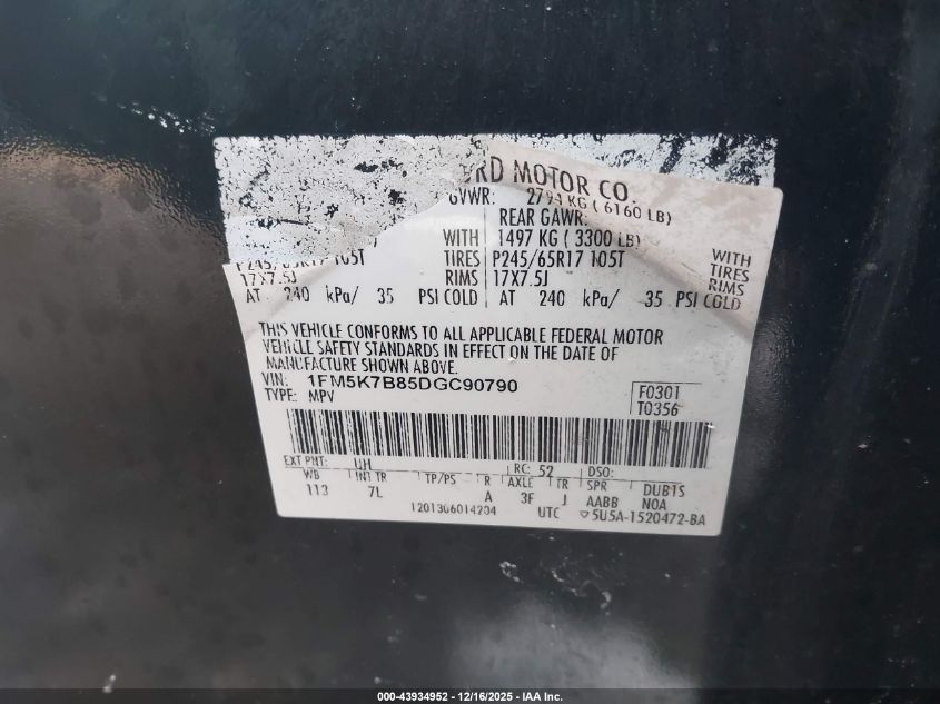 2013 Ford Explorer VIN: 1FM5K7B85DGC90790 Lot: 43934952