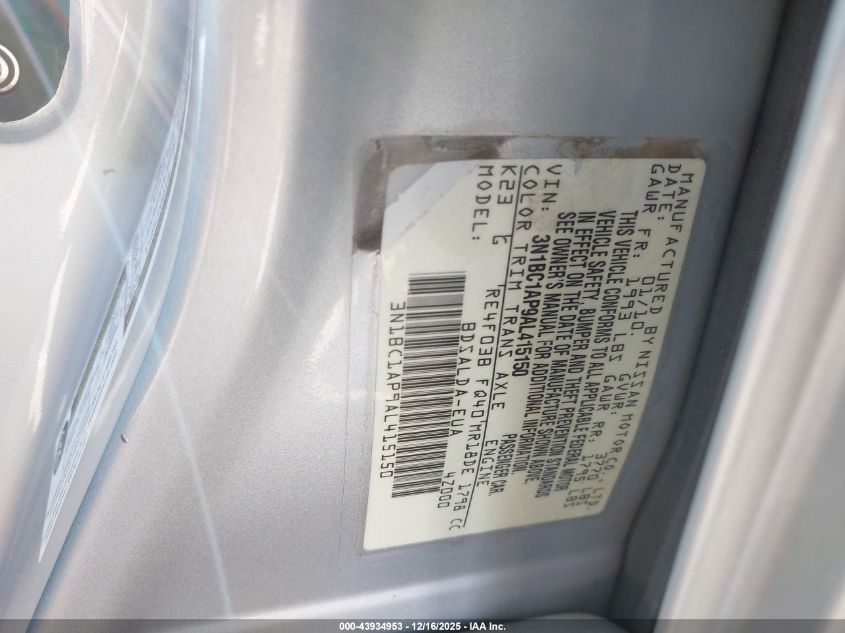 2010 Nissan Versa 1.8S VIN: 3N1BC1AP9AL415150 Lot: 43934953