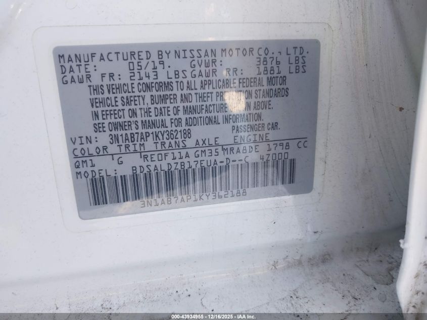 2019 Nissan Sentra Sv VIN: 3N1AB7AP1KY362188 Lot: 43934955