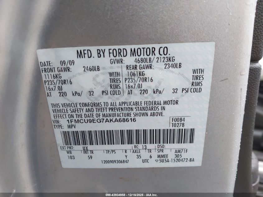 2010 Ford Escape Limited VIN: 1FMCU9EG7AKA68616 Lot: 43934958