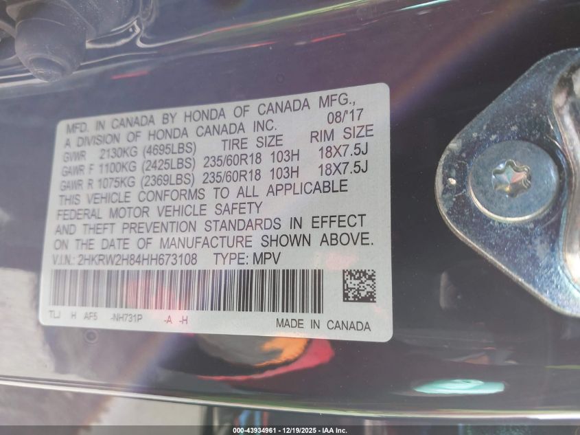 2017 Honda Cr-V Ex-L/Ex-L Navi VIN: 2HKRW2H84HH673108 Lot: 43934961
