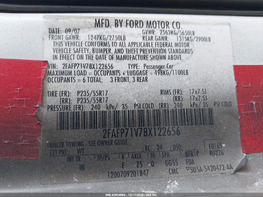 2008 Ford Crown Victoria Police/Police Interceptor VIN: 2FAFP71V78X122656 Lot: 43934964