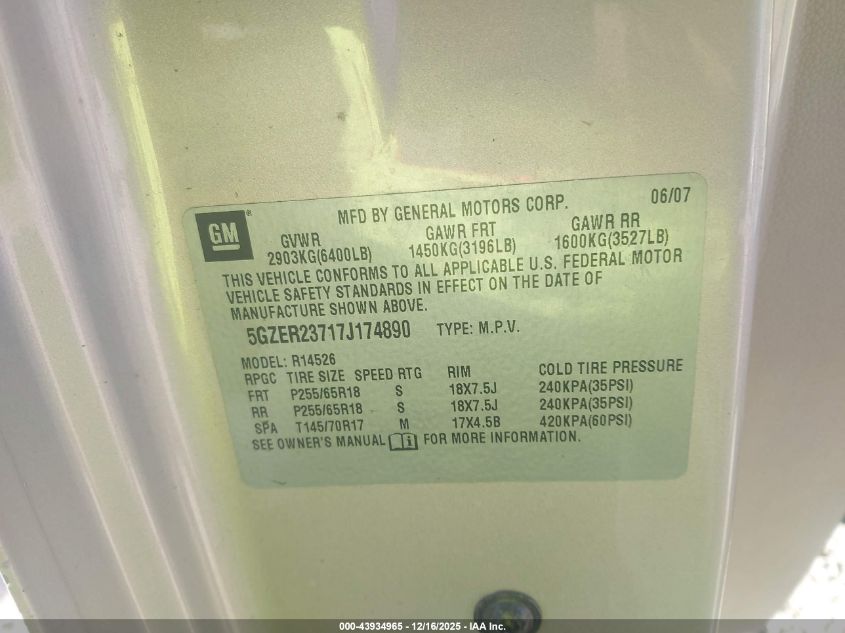 2007 Saturn Outlook Xr VIN: 5GZER23717J174890 Lot: 43934965