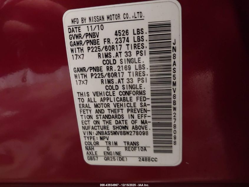 2011 Nissan Rogue Sv VIN: JN8AS5MV8BW278098 Lot: 43934967