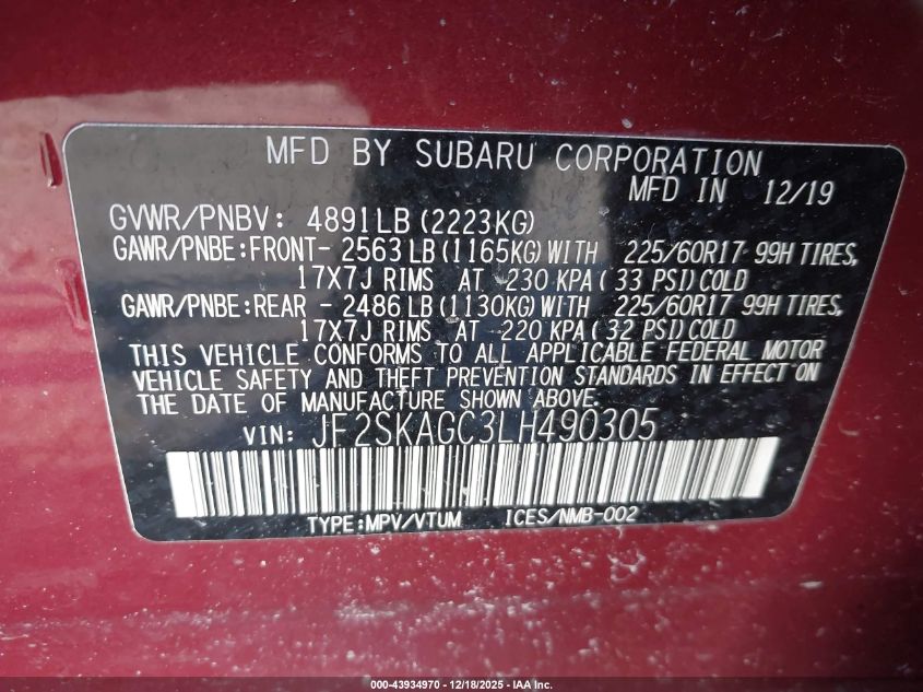 2020 Subaru Forester Premium VIN: JF2SKAGC3LH490305 Lot: 43934970