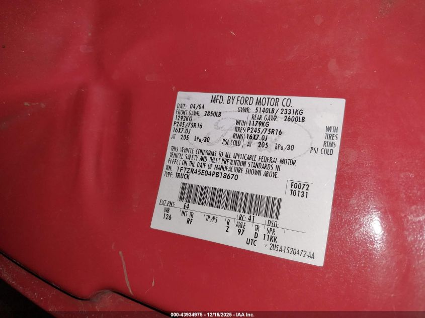 2004 Ford Ranger Edge/Tremor/Xlt VIN: 1FTZR45E04PB18670 Lot: 43934975