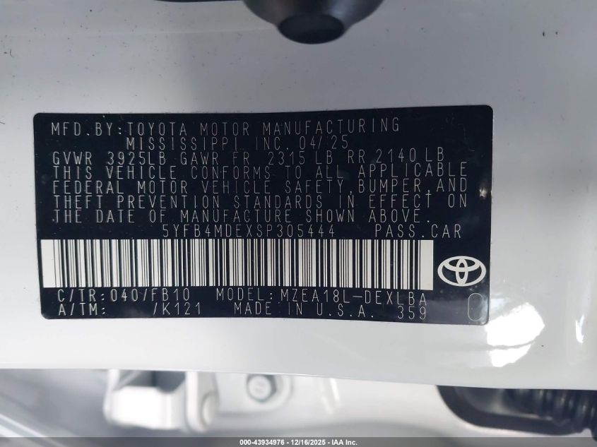 2025 Toyota Corolla Le VIN: 5YFB4MDEXSP305444 Lot: 43934976