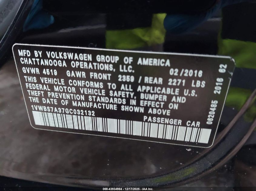2016 Volkswagen Passat 1.8T Se VIN: 1VWBS7A37GC032132 Lot: 43934984