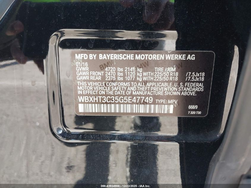 2016 BMW X1 xDrive28I VIN: WBXHT3C35G5E47749 Lot: 43934986