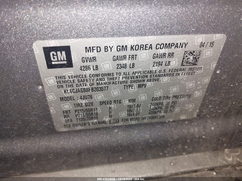 2015 Buick Encore VIN: KL4CJASB8FB203577 Lot: 43934988