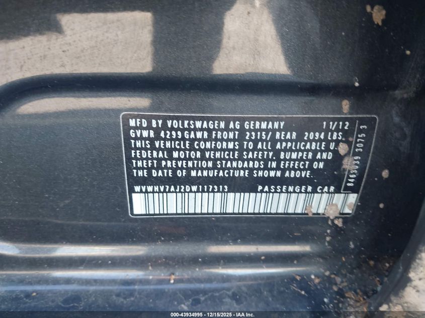 2013 Volkswagen Gti 4-Door VIN: WVWHV7AJ2DW117313 Lot: 43934995