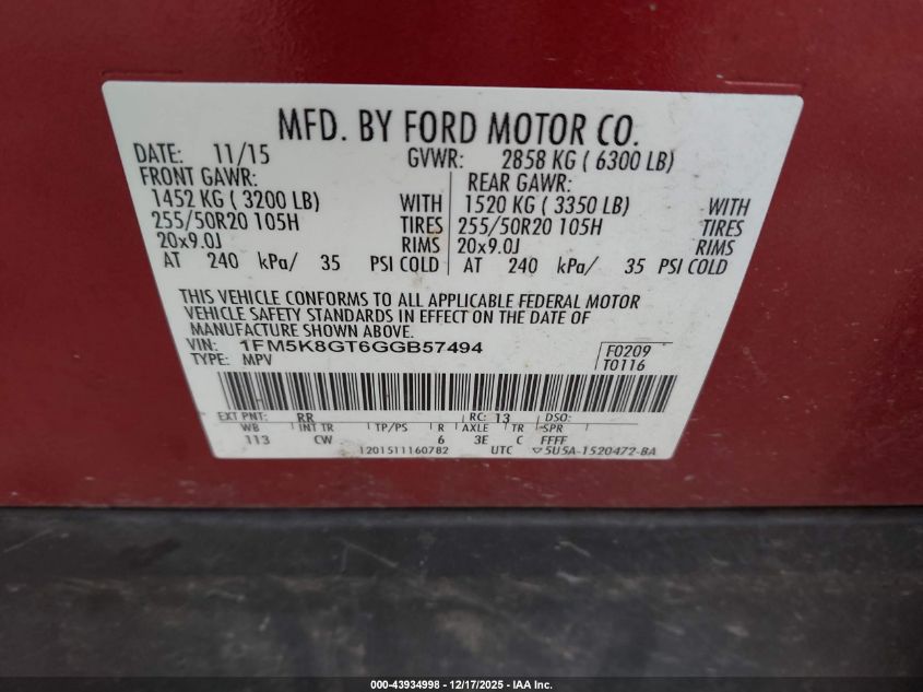 2016 Ford Explorer Sport VIN: 1FM5K8GT6GGB57494 Lot: 43934998