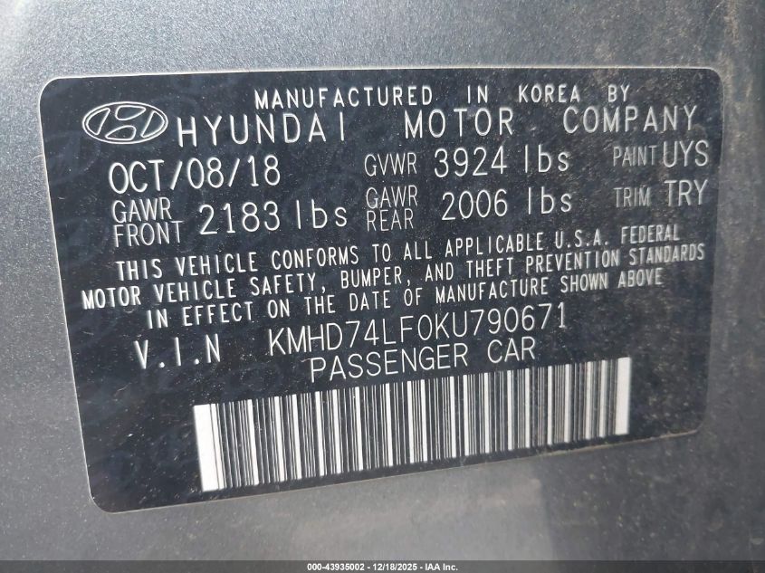 2019 Hyundai Elantra Se VIN: KMHD74LF0KU790671 Lot: 43935002
