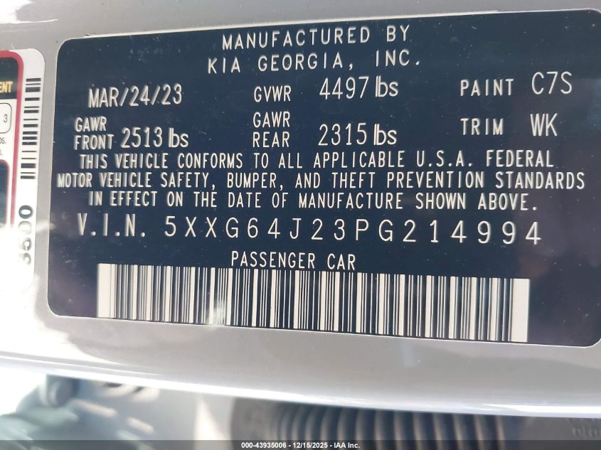 2023 Kia K5 Gt-Line VIN: 5XXG64J23PG214994 Lot: 43935006