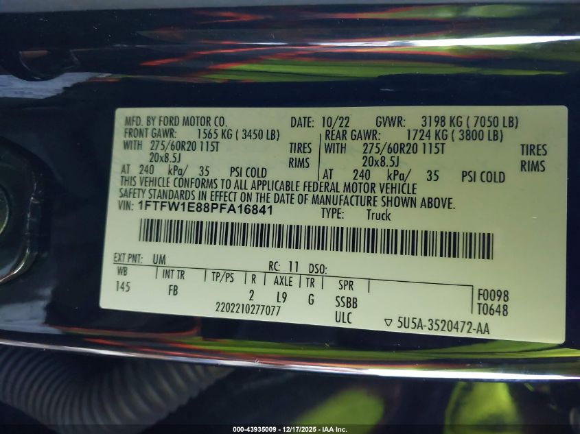 2023 Ford F-150 Xlt VIN: 1FTFW1E88PFA16841 Lot: 43935009