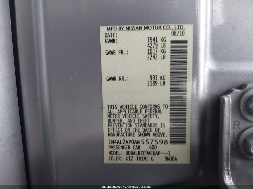 2010 Nissan Altima 2.5 S VIN: 1N4AL2AP0AN557598 Lot: 43935012