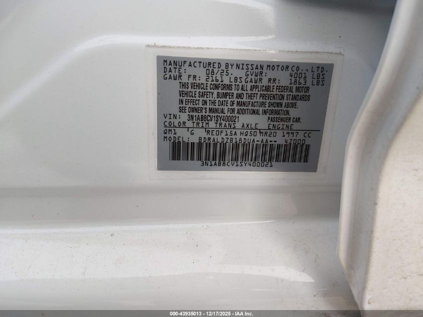 2025 Nissan Sentra Sv VIN: 3N1AB8CV1SY400021 Lot: 43935013