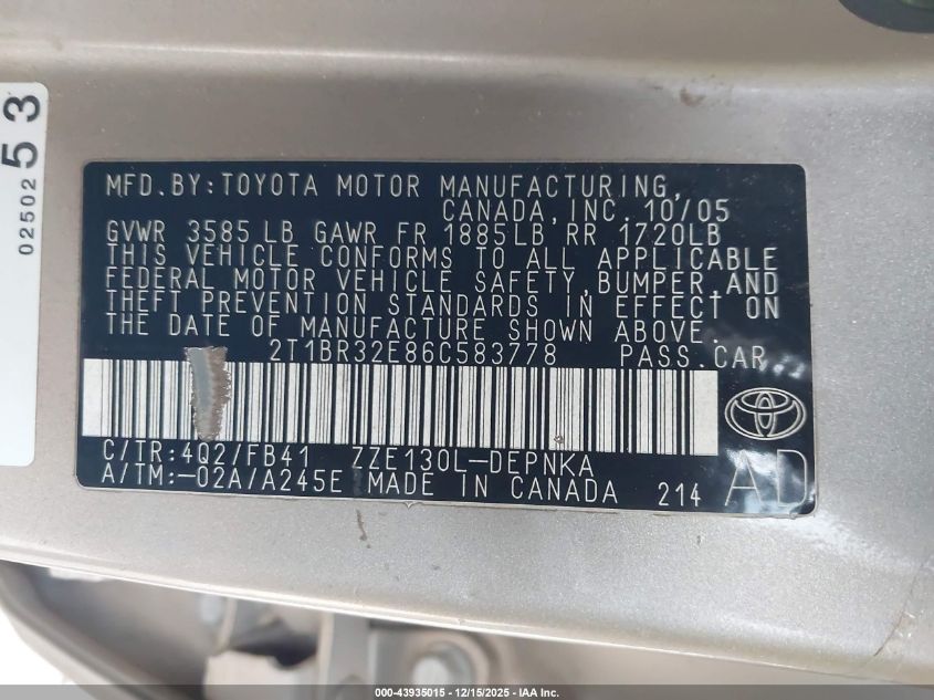 2006 Toyota Corolla Le VIN: 2T1BR32E86C583778 Lot: 43935015