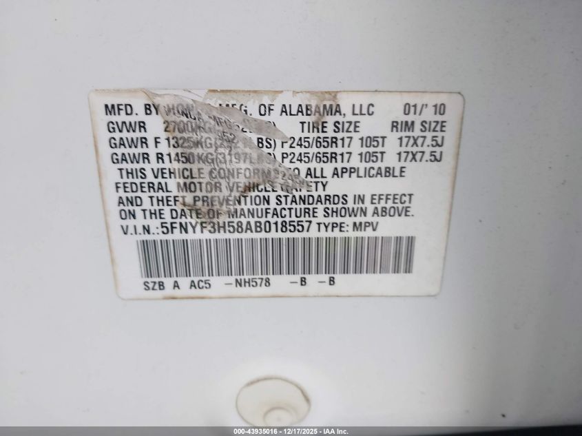 2010 Honda Pilot Ex-L VIN: 5FNYF3H58AB018557 Lot: 43935016