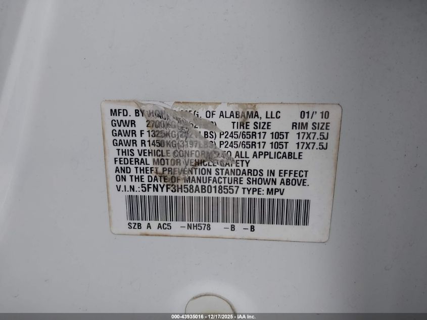 2010 Honda Pilot Ex-L VIN: 5FNYF3H58AB018557 Lot: 43935016