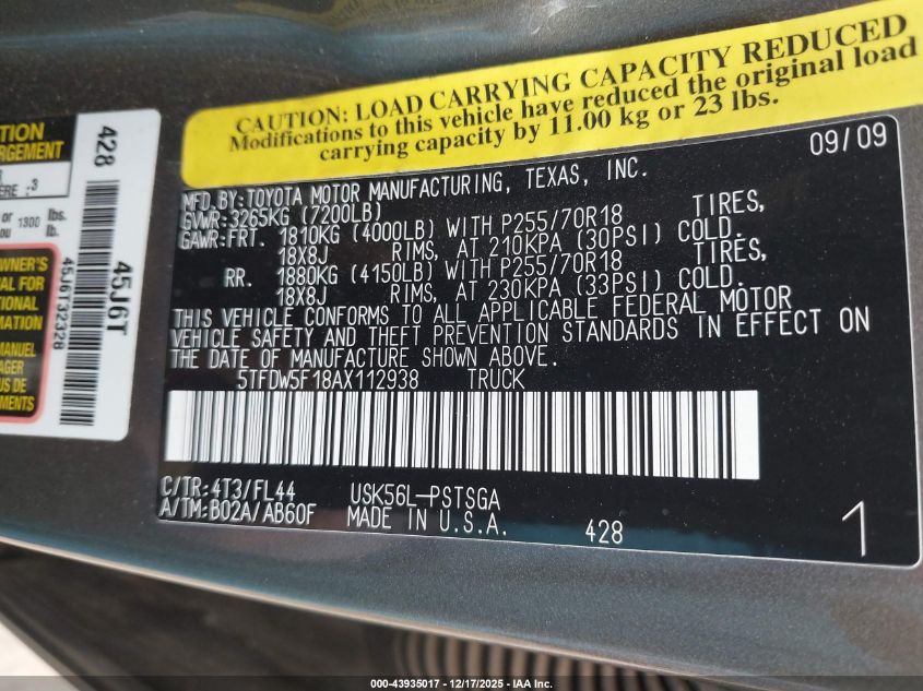 2010 Toyota Tundra Grade 5.7L V8 VIN: 5TFDW5F18AX112938 Lot: 43935017