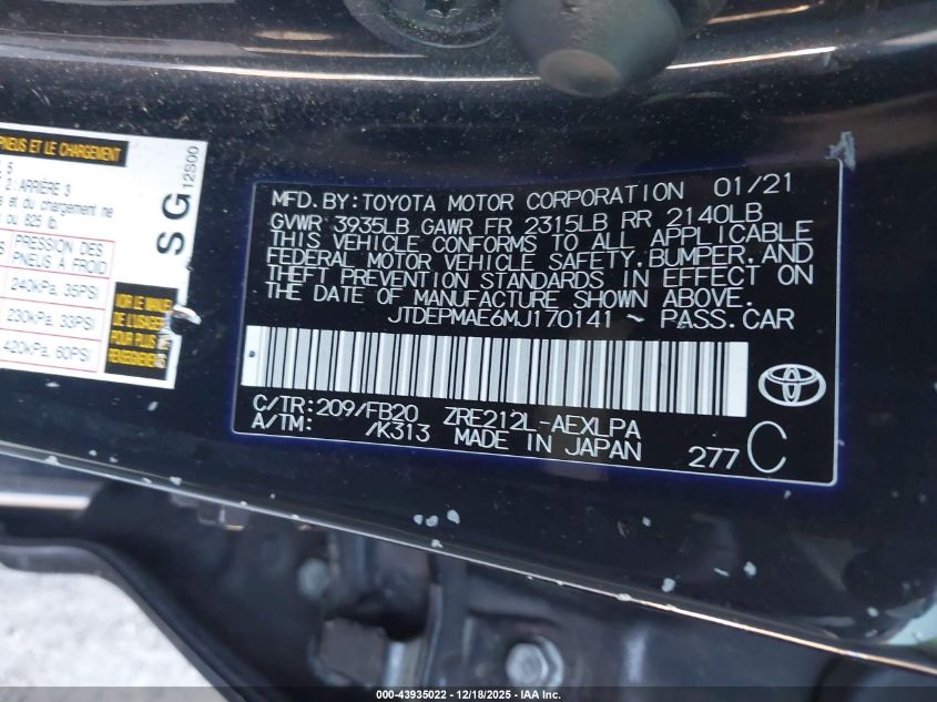 2021 Toyota Corolla Le VIN: JTDEPMAE6MJ170141 Lot: 43935022