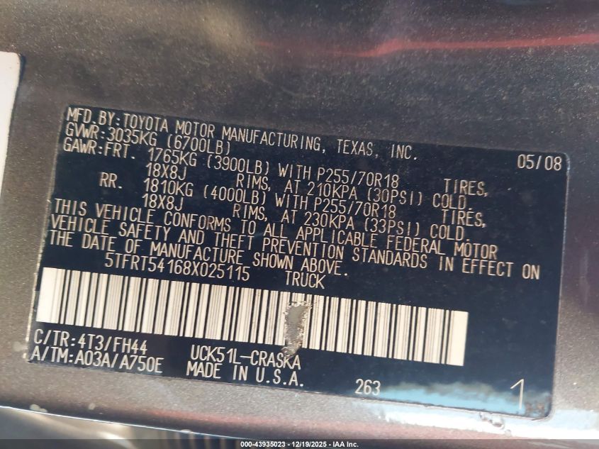 2008 Toyota Tundra Base 4.7L V8 VIN: 5TFRT54168X025115 Lot: 43935023