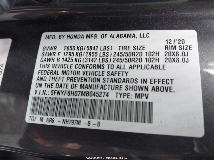 2021 Honda Pilot Awd Elite VIN: 5FNYF6H07MB045274 Lot: 43935025