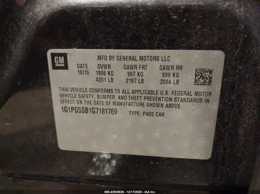 2016 Chevrolet Cruze Limited Ltz Auto VIN: 1G1PG5SB1G7181769 Lot: 43935026