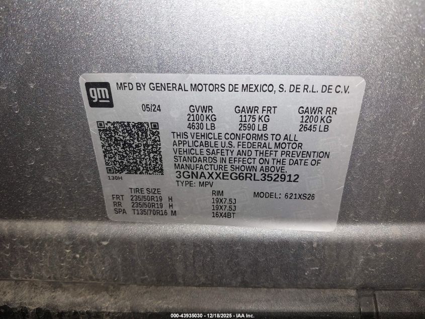 2024 Chevrolet Equinox Awd Premier VIN: 3GNAXXEG6RL352912 Lot: 43935030