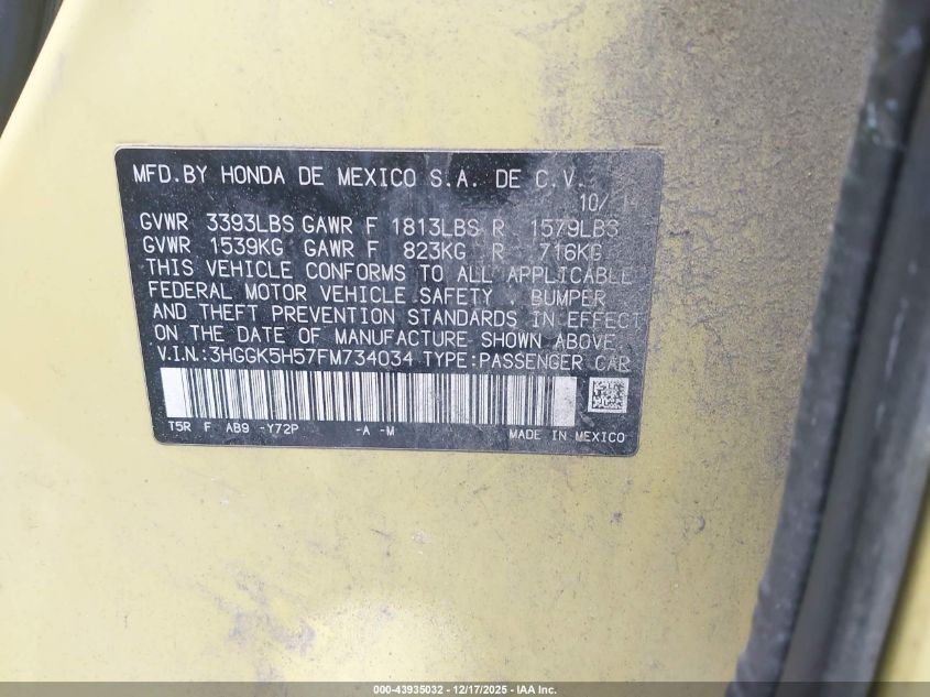 2015 Honda Fit Lx VIN: 3HGGK5H57FM734034 Lot: 43935032