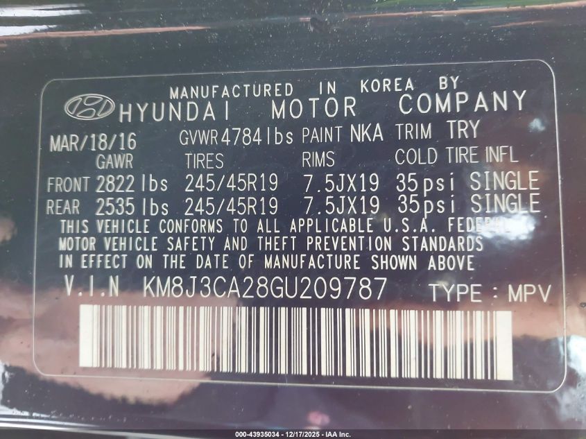 2016 Hyundai Tucson Sport VIN: KM8J3CA28GU209787 Lot: 43935034