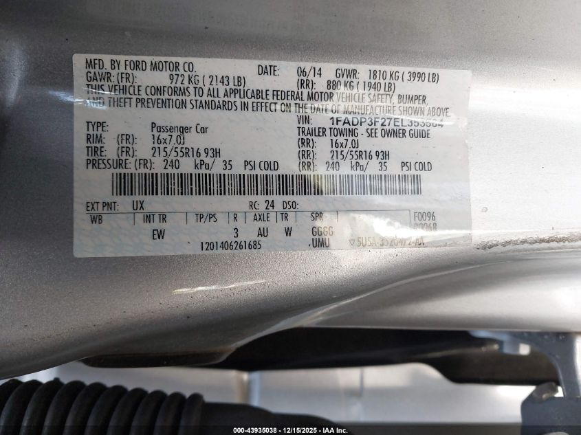 2014 Ford Focus Se VIN: 1FADP3F27EL353564 Lot: 43935038