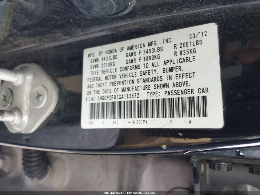 2012 Honda Accord 2.4 Ex-L VIN: 1HGCP2F83CA113572 Lot: 43935047