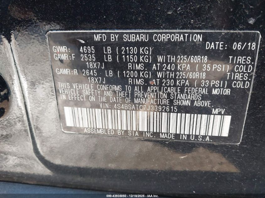 2018 Subaru Outback 2.5I Touring VIN: 4S4BSATC7J3392615 Lot: 43935050