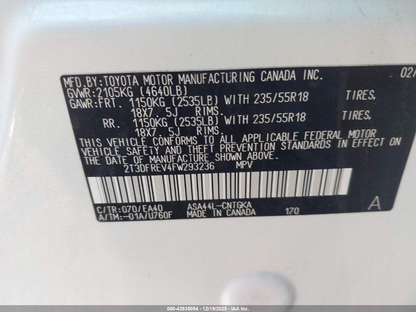 2015 Toyota Rav4 Limited VIN: 2T3DFREV4FW293236 Lot: 43935054