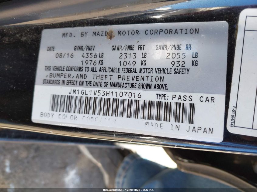 2017 Mazda Mazda6 Touring VIN: JM1GL1V53H1107016 Lot: 43935058