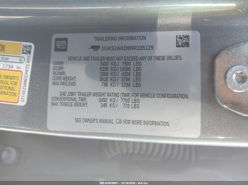 2022 GMC Yukon 4Wd Sle VIN: 1GKS2AKD9NR235125 Lot: 43935061