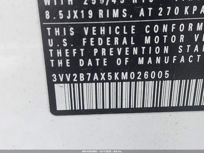 2019 Volkswagen Tiguan 2.0T Se/2.0T Sel/2.0T Sel R-Line/2.0T Sel R-Line Black VIN: 3VV2B7AX5KM026005 Lot: 43935063