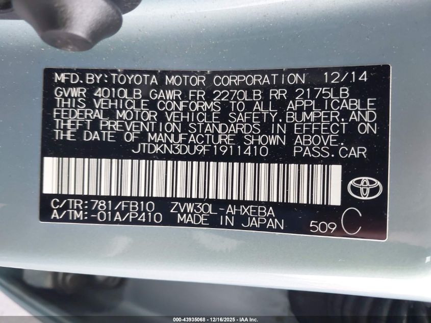 2015 Toyota Prius Two VIN: JTDKN3DU9F1911410 Lot: 43935068