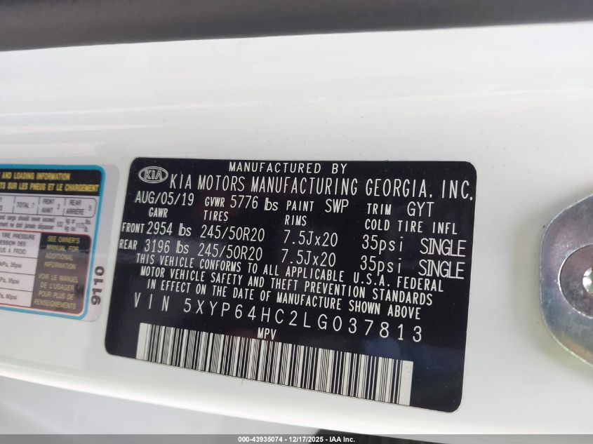 2020 Kia Telluride S VIN: 5XYP64HC2LG037813 Lot: 43935074