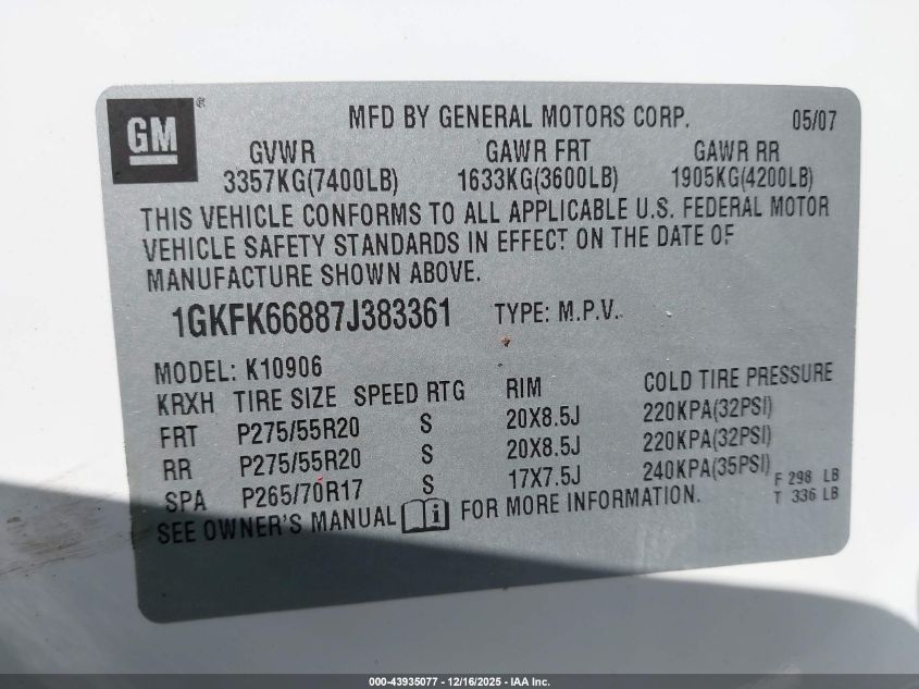 2007 GMC Yukon Xl 1500 Denali VIN: 1GKFK66887J383361 Lot: 43935077