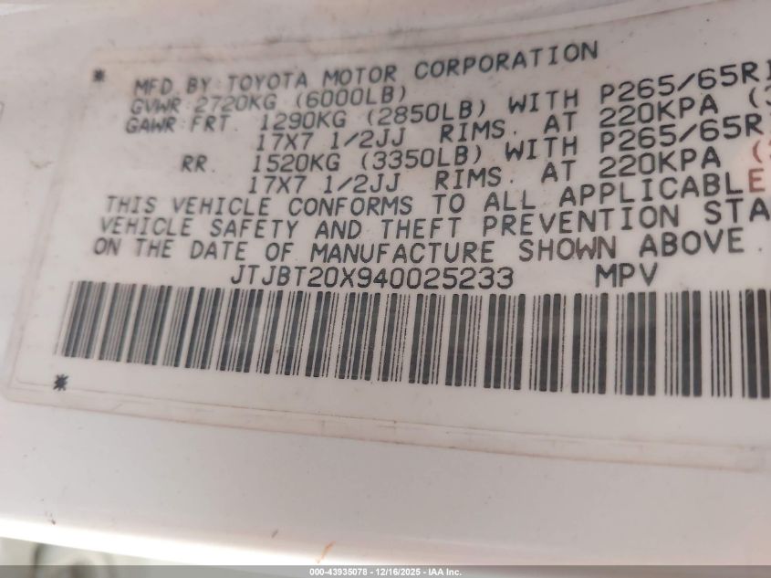 2004 Lexus Gx 470 VIN: JTJBT20X940025233 Lot: 43935078