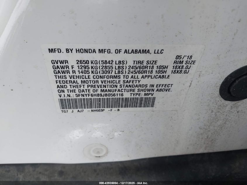 2018 Honda Pilot Ex-L VIN: 5FNYF6H89JB056116 Lot: 43935084