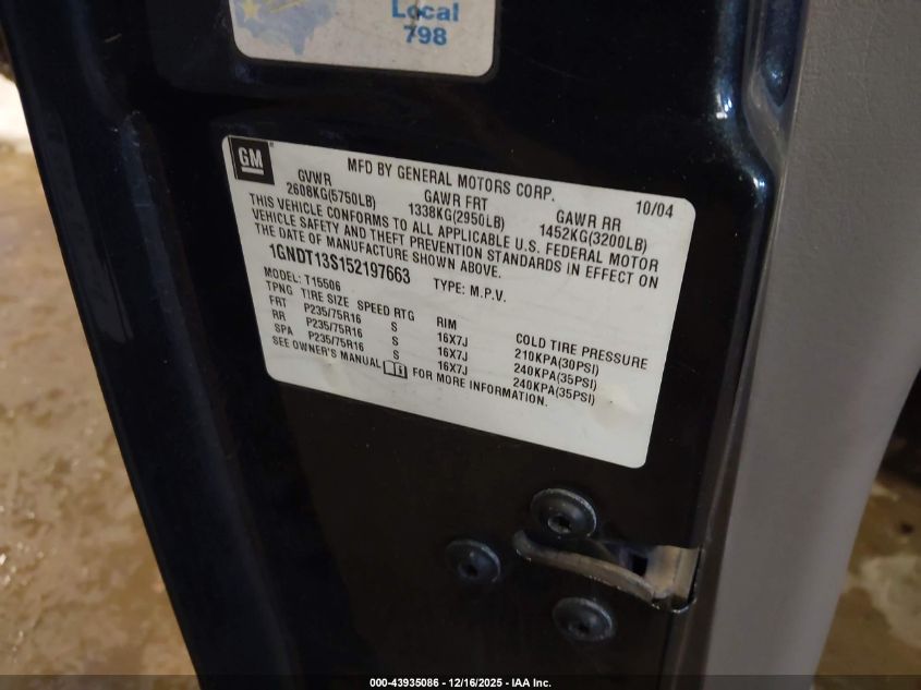 2005 Chevrolet Trailblazer Ls VIN: 1GNDT13S152197663 Lot: 43935086