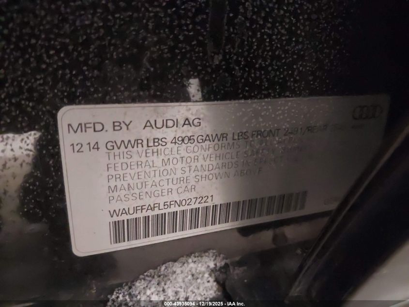 2015 Audi A4 2.0T Premium VIN: WAUFFAFL5FN027221 Lot: 43935094