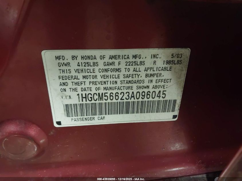 2003 Honda Accord 2.4 Ex VIN: 1HGCM56623A096045 Lot: 43935095
